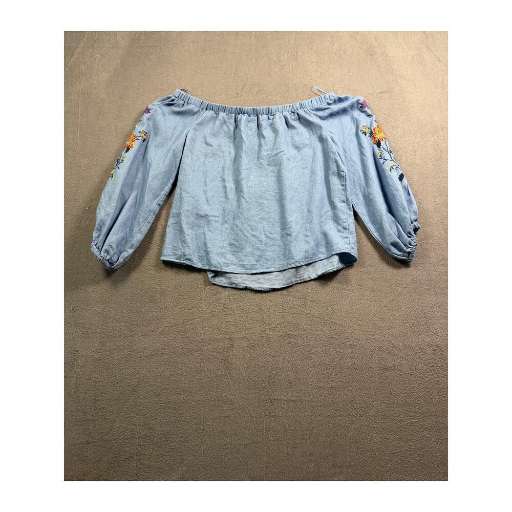 Jealous Tomato Small Light Wash Chambray Embroidered Off The Shoulder Blouse S - Picture 3 of 6